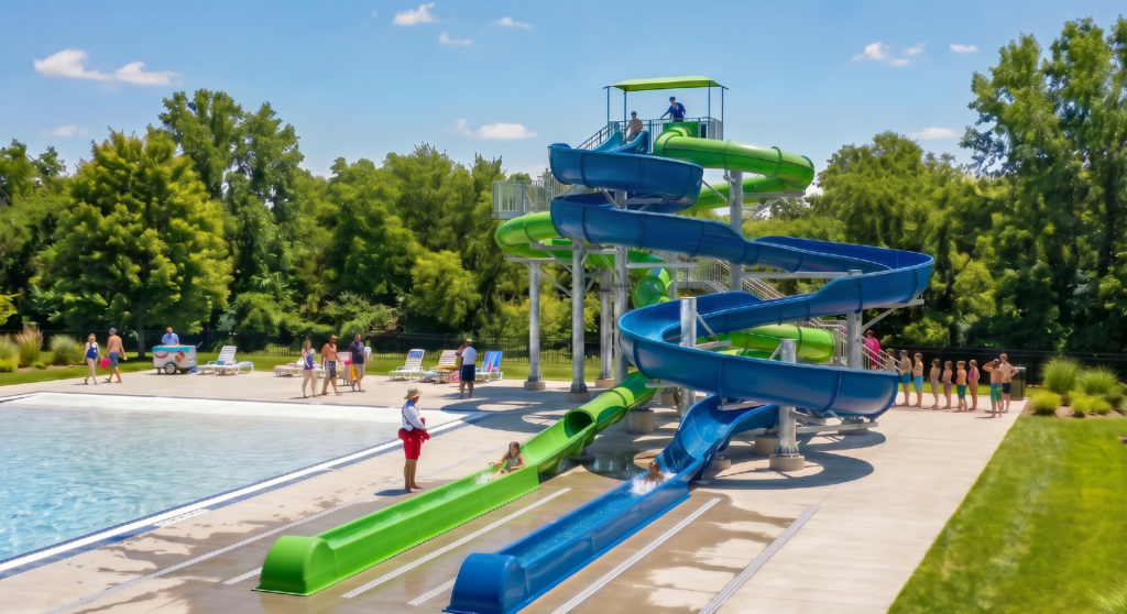 East Chicago pool refurbished with waterslides, Splashpad® & Elevations™ structure 3 wash park